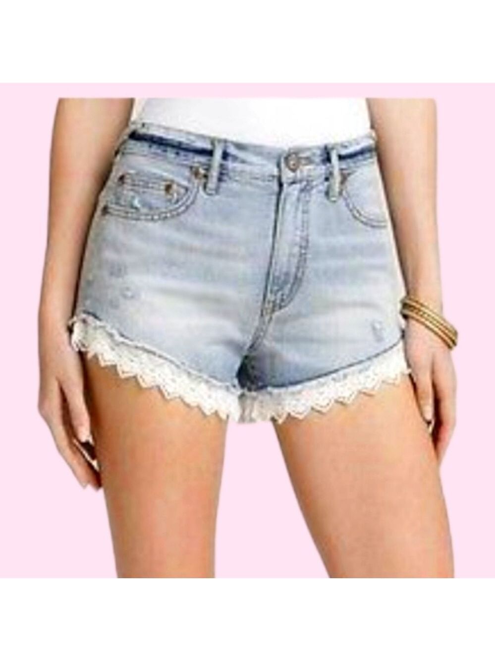Free People High Rise Crochet Lace Hem Light Wash Shorts size 25 | Boho Beach - Picture 2 of 6